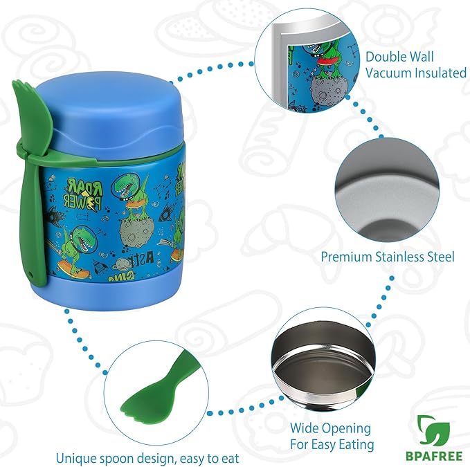 10oz Soup Thermo for Hot Food Kids,Lunch Thermo Kids Food Jar with Spoon Hot Insulated Food Containers,Leak Proof Stainless Steel Wide Mouth Lunch Food Thermo Jar for School(Blue-Dinosaur)-BubblyBeeBaby