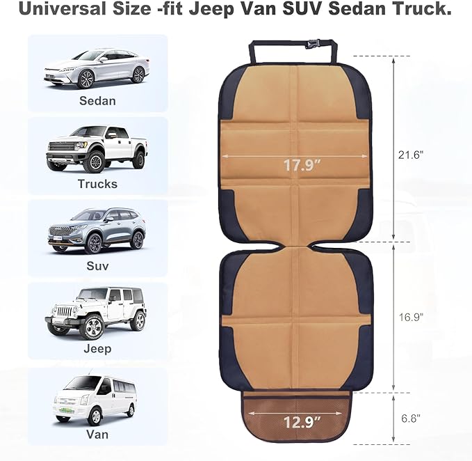 Car Seat Protector for Child Car Seat, 2 Pack Baby Car Seat Covers with Mesh Pockets & Non-Slip Backing 600D Durable Seat Protector (Brown, Standard)-BubblyBeeBaby