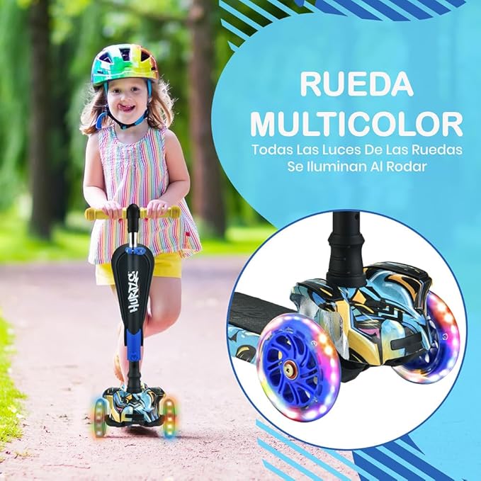 Hurtle 3-Wheeled Scooter for Kids - Wheel LED Lights, Adjustable Lean-to-Steer Handlebar, and Foldable Seat - Sit or Stand Ride with Brake for Boys and Girls Ages 1-14 Years Old-BubblyBeeBaby