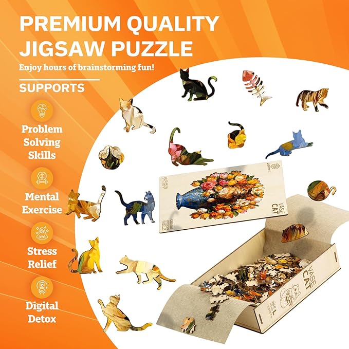 Jigfoxy Wooden Puzzles for Adults, The Vase Cat Wood Puzzles Adult, Unique Animal Shape Wooden Jigsaw Puzzles for Adults, Birthday Gifts for Puzzle Lovers, Family, Friend (S-7.4 * 7.7in-86pcs)-BubblyBeeBaby
