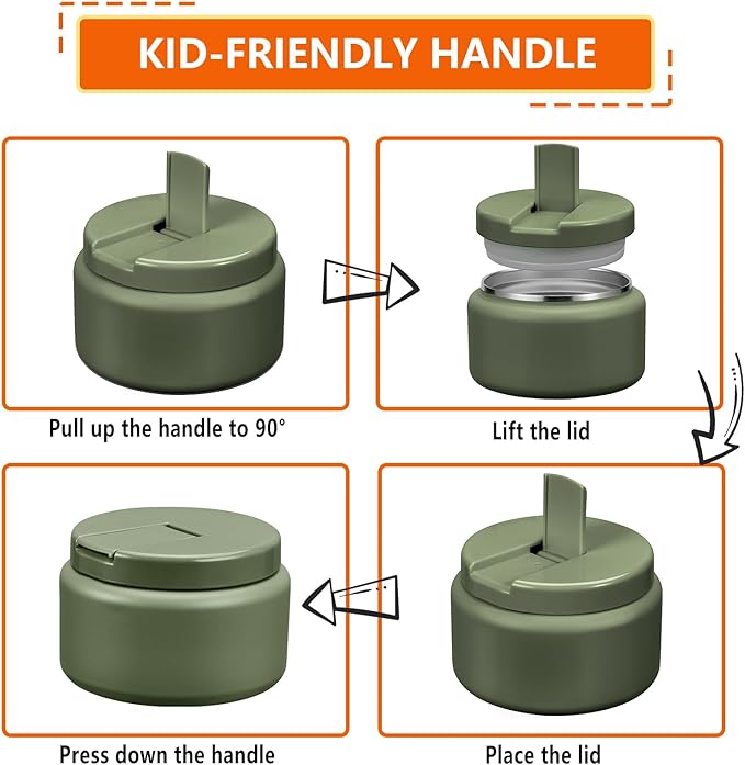 13.5oz Kids Thermos for Hot Food, Insulated Vacuum Food Jar with Buckle Lid, Stainless Steel Wide Mouth Leak Proof Insulated Lunch Container for School Picnic Travel, Green-BubblyBeeBaby