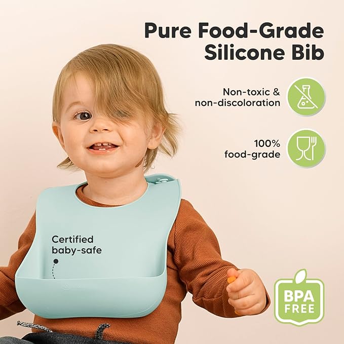 KeaBabies 2-Pack Silicone Baby Bibs for Eating - Sturdy Food-Grade Silicone Bibs for Babies Girl, Boy, Large Food Catcher, Clean & Put On Easily, Waterproof Toddler Feeding Essentials(Pastel Sky)-BubblyBeeBaby