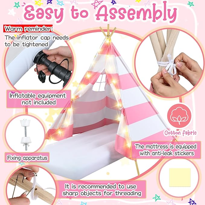 2 Pack Kids Teepee Tent with Mattress,Fitted Sheet,Light String,Washable Natural Cotton Toddler Play Tent for Girls Boys Indoor Outdoor Sleepover Slumber Birthday Party(Pink and White)-BubblyBeeBaby