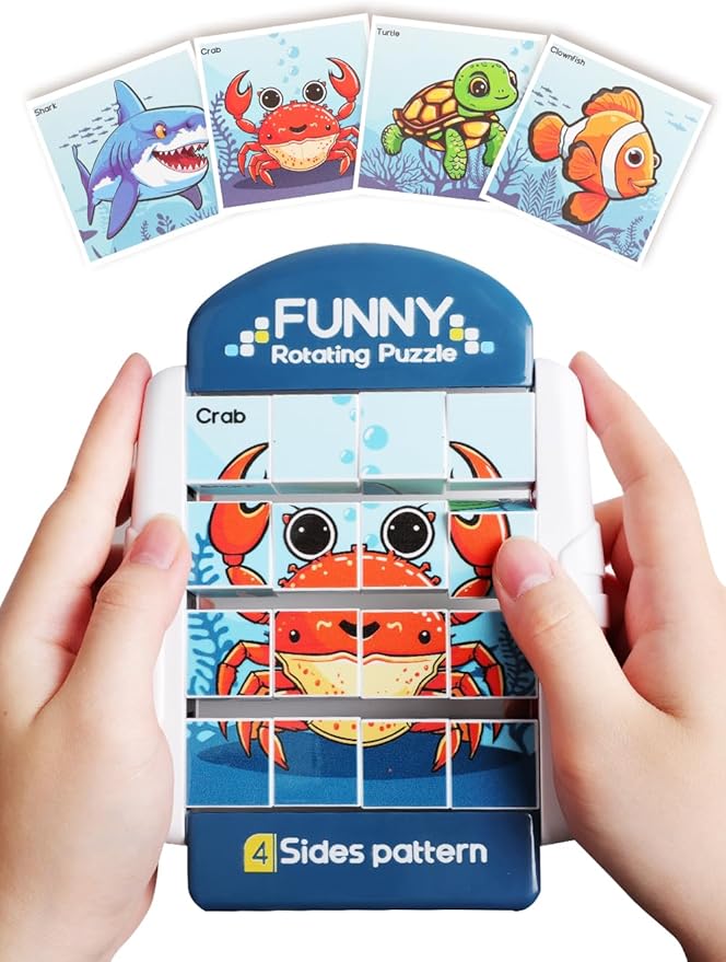 16-Piece Rotating Puzzles for Kids 4-6, Toddlers Puzzles 2-4, Road Trip, Airplane Activities Game, Travel Toys - Brain Teaser, Fine Motor Skills - Birthday Gifts Boys & Girls - Marine Life-BubblyBeeBaby