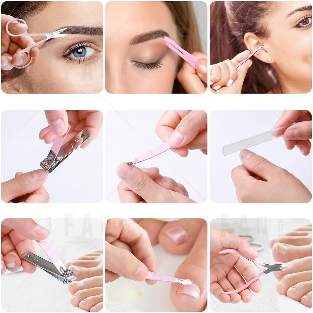 Women' Manicure Set Pedicure Kit Nail Clippers Set Fingernail Clipper Set Ingrown Toenail Nail Kit Scissor Nail Trimmer Kit 15 in 1 Travel Nail Kit Care Grooming Tools with Fine Case Gift (Pink 15)