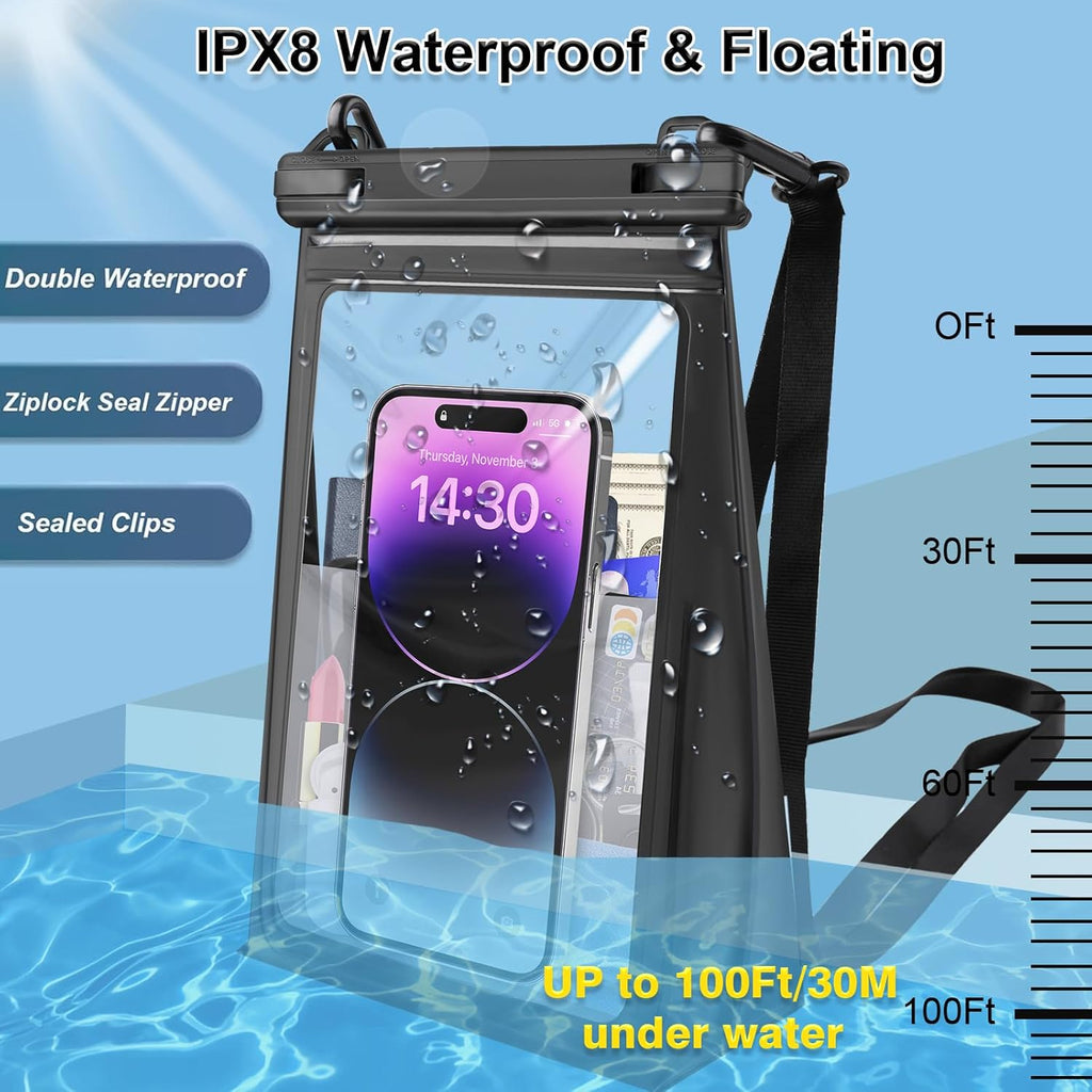 Large Waterproof Phone Pouch Floating, Waterproof Phone Case for iPhone 15 14 Pro Max 13 Plus 12 11 X XS XR Samsung S23 S22 up to 8.5'', Water Proof Phone Dry Bag for Swimming Kayaking Black