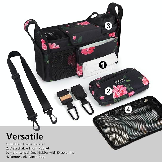 TOPDesign Universal Baby Stroller Organizer, Stroller Caddy with Detachable Mesh Bag & Heightened Insulated Cup Holders & Non-Slip Secure Hooks Accessories, Fits Most Strollers (Peony)-BubblyBeeBaby