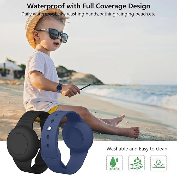 2 Pack Waterproof Airtag Wristband Kids - Anti-Lost Silicone Airtag Holder Cases for Toddler - GPS Tracker Watch Band (Black+Blue)-BubblyBeeBaby