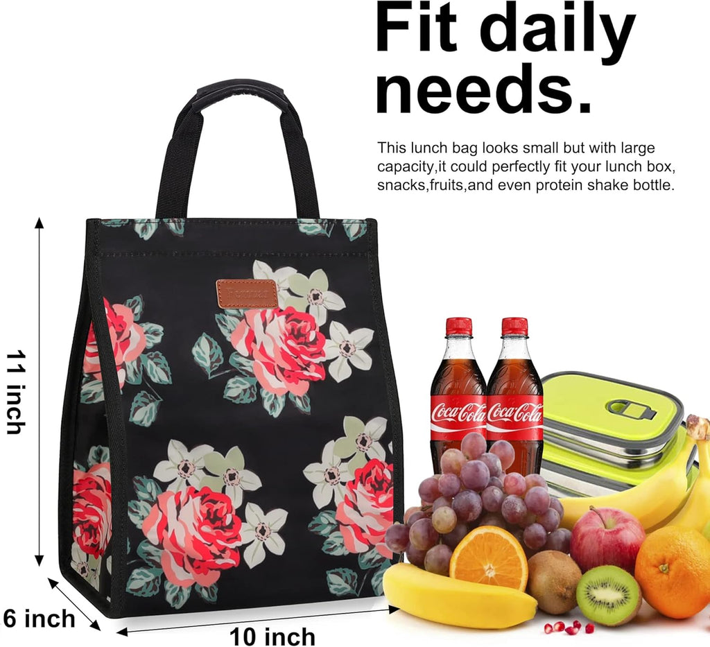 Lunch Bags for Women Insulated Reusable Lunch Tote with Internal Pocket, Lunch Tote bag for Work (Flower)