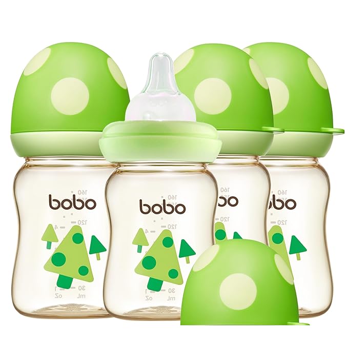 YOHKOH PPSU Baby Bottle Wide Neck, Newborn Anti-Colic Baby Bottle with Natural Response Nipple, Streamlined Body, Easy to Clean (5.4oz (Pack of 4), Green)-BubblyBeeBaby