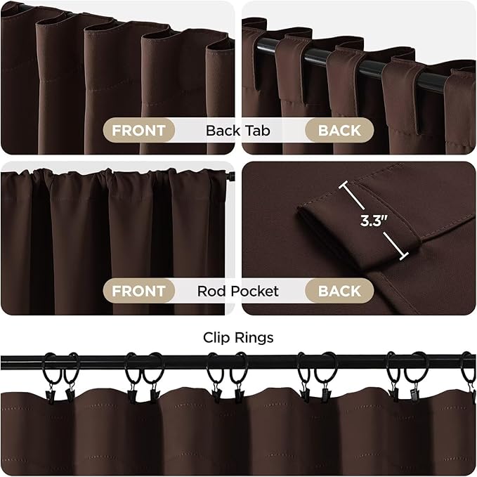Joydeco 72 Inch Blackout Curtains for Bedroom, Thermal Insulated Black Out Curtains, Room Darkening Drapes for Living Room Window Rod Pocket Back Tab (W52 x L72 Inch, Chocolate)-BubblyBeeBaby
