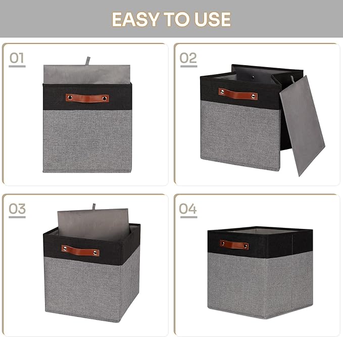 HNZIGE Storage Baskets for Organizing, Set of 4, Square Fabric Storage Cubes Bins 13 x 13, Collapsible Black Storage Bins for Shelves, Closets, Nursery, Home, Office (Black&Grey)-BubblyBeeBaby