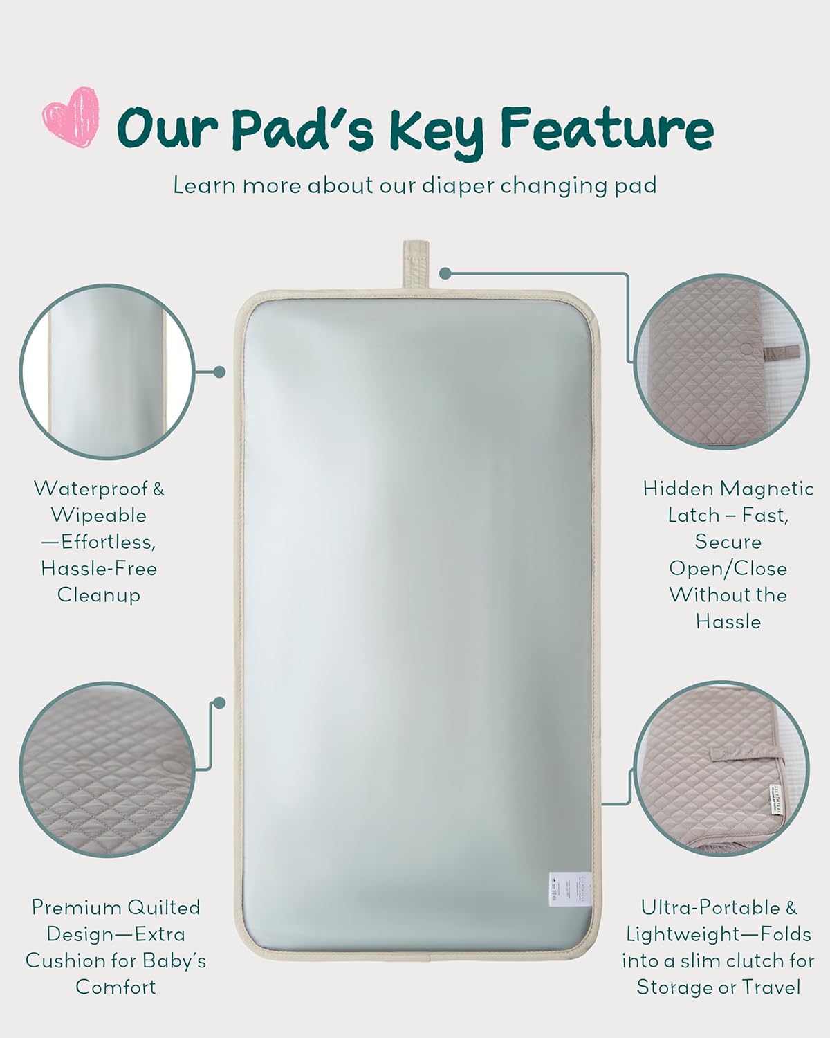 Lily Miles Diaper Changing Pad Portable, Baby Changing Mat with Magnetic Latches, Travel Pad for Diaper Bag, Baby Essentials, Wipeable & Waterproof Mat (Soft Sand, Regular)