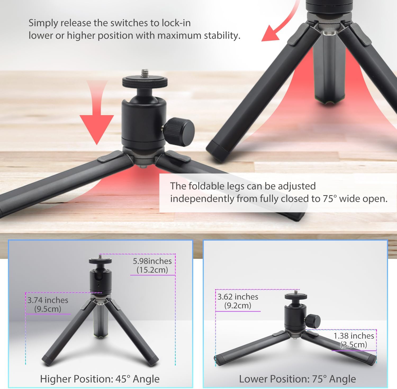 Kado Metal Portable Monitor Stand Tripod, 100x100mm 75x75mm Wall/Arm Mount Adapater Bracket Plate, 360° Ball Head and 1/4" Screw Compact for Phone, Tablet, Projector, Camera and Webcam