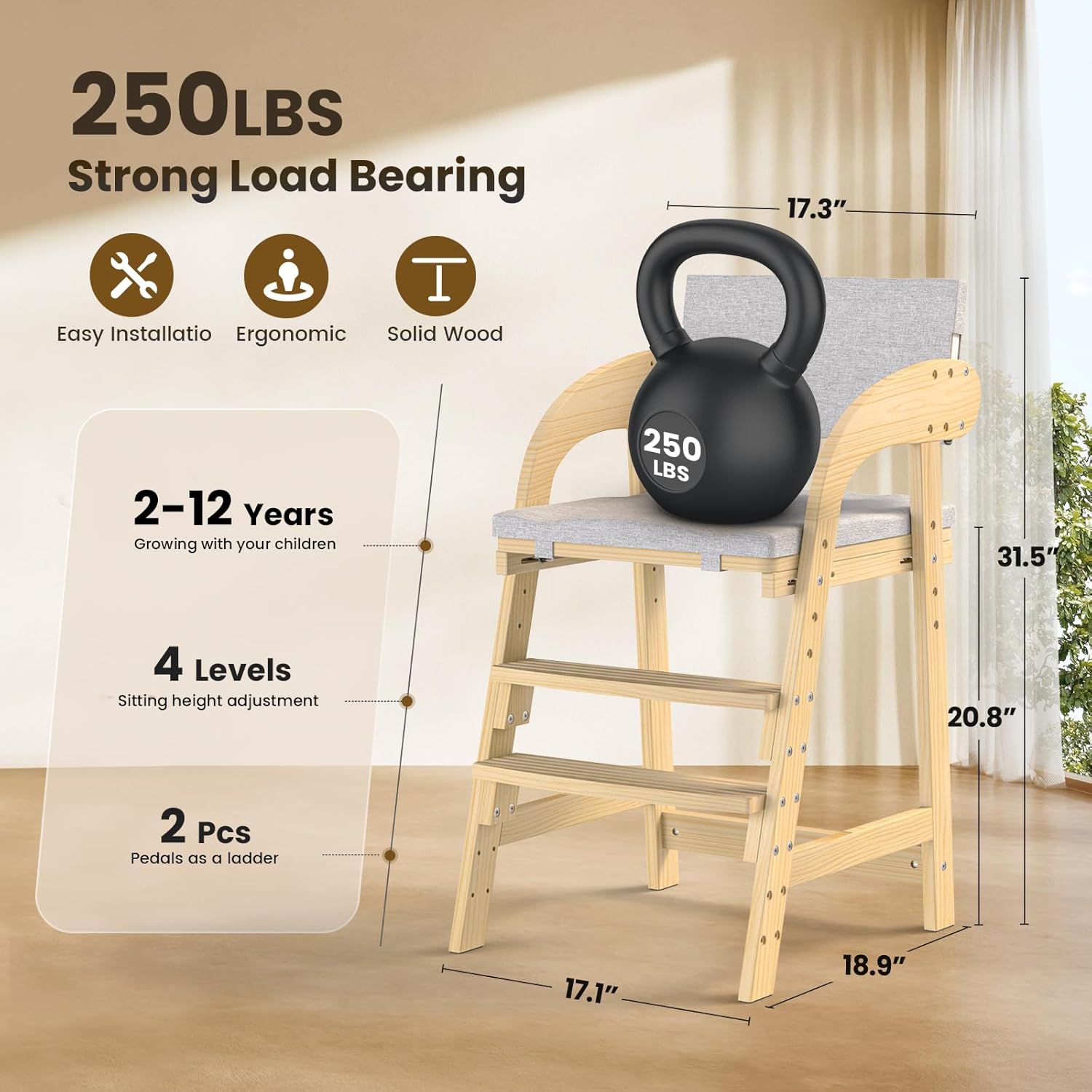 Easyego Wooden High Chair, Height Adjustment for Babies and Toddlers Aged 3-12, up to 130 lbs, Widened Foot Pedal as Steps for Kids Dining & Removable Washable Cushion (Natural)