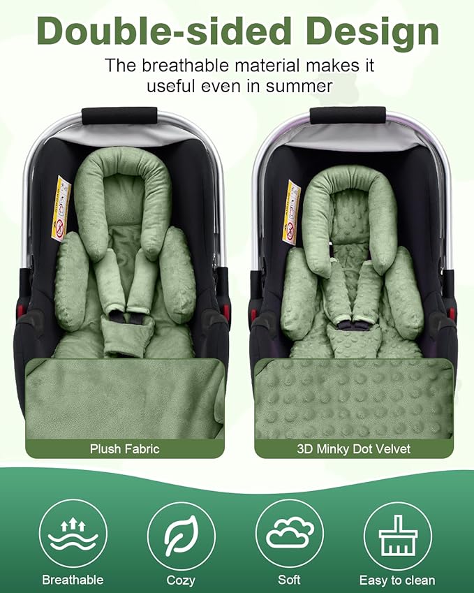 Infant Car Seat Head Support with Extra Shoulder Covers Set, Thickened Carseat Cushion for Baby, Breathable Newborn Carseat Insert for Stroller Swing-BubblyBeeBaby