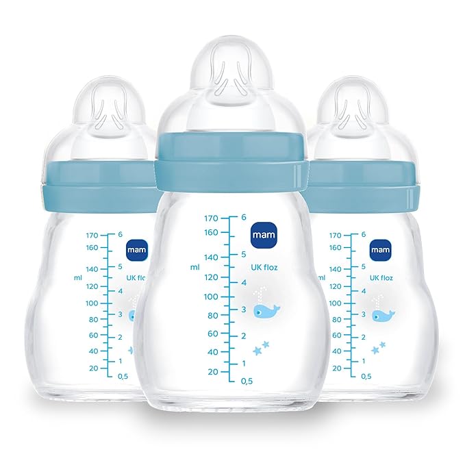 MAM Premium Glass Baby Bottles, Easy Switch Between Breast and Bottle, Feel Good Slow Flow, Newborn Essentials Must Have, 0+ Months, BPA Free, 6oz, Boy, 3 Pack-BubblyBeeBaby