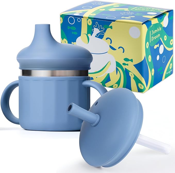 Jumble Dream Stainless Steel Sippyy Cup, Silicon Training Stainless Steel Kids Cups with Straw, Toddler Tumbler with Spill Proof Straw |6 Month Toddler Sippy Cup| BPA Free (Blue Moon) 2025-BubblyBeeBaby