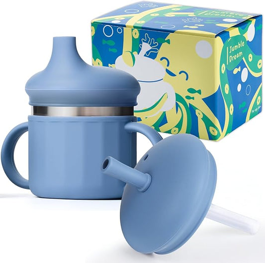 Jumble Dream Stainless Steel Sippyy Cup, Silicon Training Stainless Steel Kids Cups with Straw, Toddler Tumbler with Spill Proof Straw |6 Month Toddler Sippy Cup| BPA Free (Blue Moon) 2025-BubblyBeeBaby
