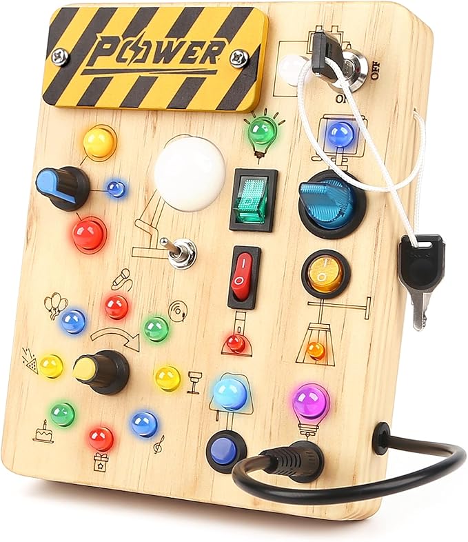 Joyreal Montessori Busy Board Wooden Sensory Toys for Toddler with LED Light Up Switch, Baby Fidget Board Travel Toys for 18+ Months, 1 2 3 Year Old Boys Girls Toddler Toy Gifts (Classic)-BubblyBeeBaby