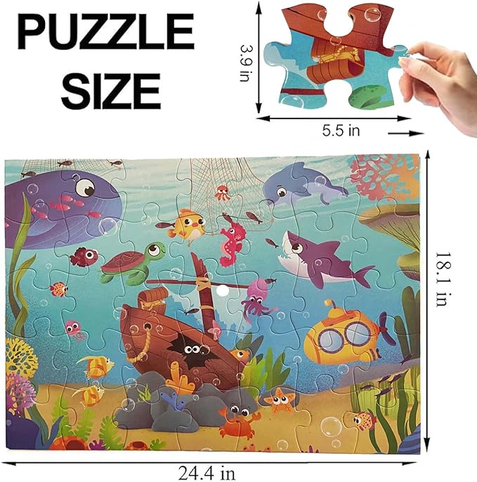 Jumbo Floor Puzzle for Kids, Large Jigsaw Puzzles 35 Piece for Kids Ages 3-5,Preschool Learning & Education Toys, Gifts for 4-8 Year Old Boys and Girls (Marine Animals 2)-BubblyBeeBaby