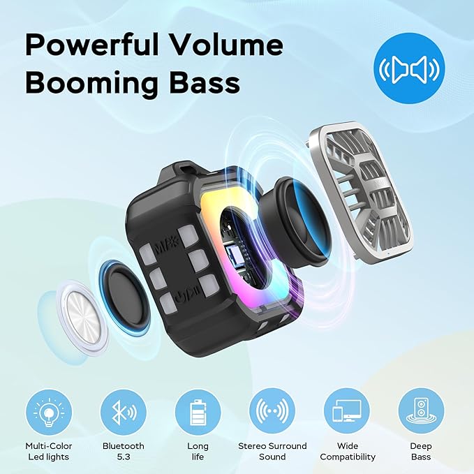 INSMY IP67 Waterproof Bluetooth Speaker, Shower Speaker Portable Small Clip-on, Multi Sync 100+ Speakers, Big Volume Booming Bass, 24H Playtime/Floatable/RGB Lights for Outdoor/Kayak/Beach (Black)-BubblyBeeBaby