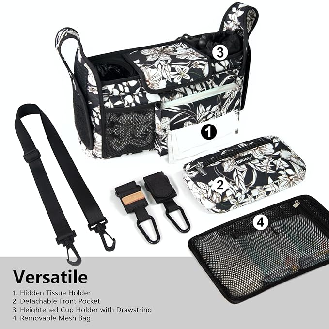 TOPDesign Universal Baby Stroller Organizer, Stroller Caddy with Detachable Mesh Bag & Heightened Insulated Cup Holders & Non-Slip Secure Hooks Accessories, Fits Most Strollers (Morning Glory)-BubblyBeeBaby