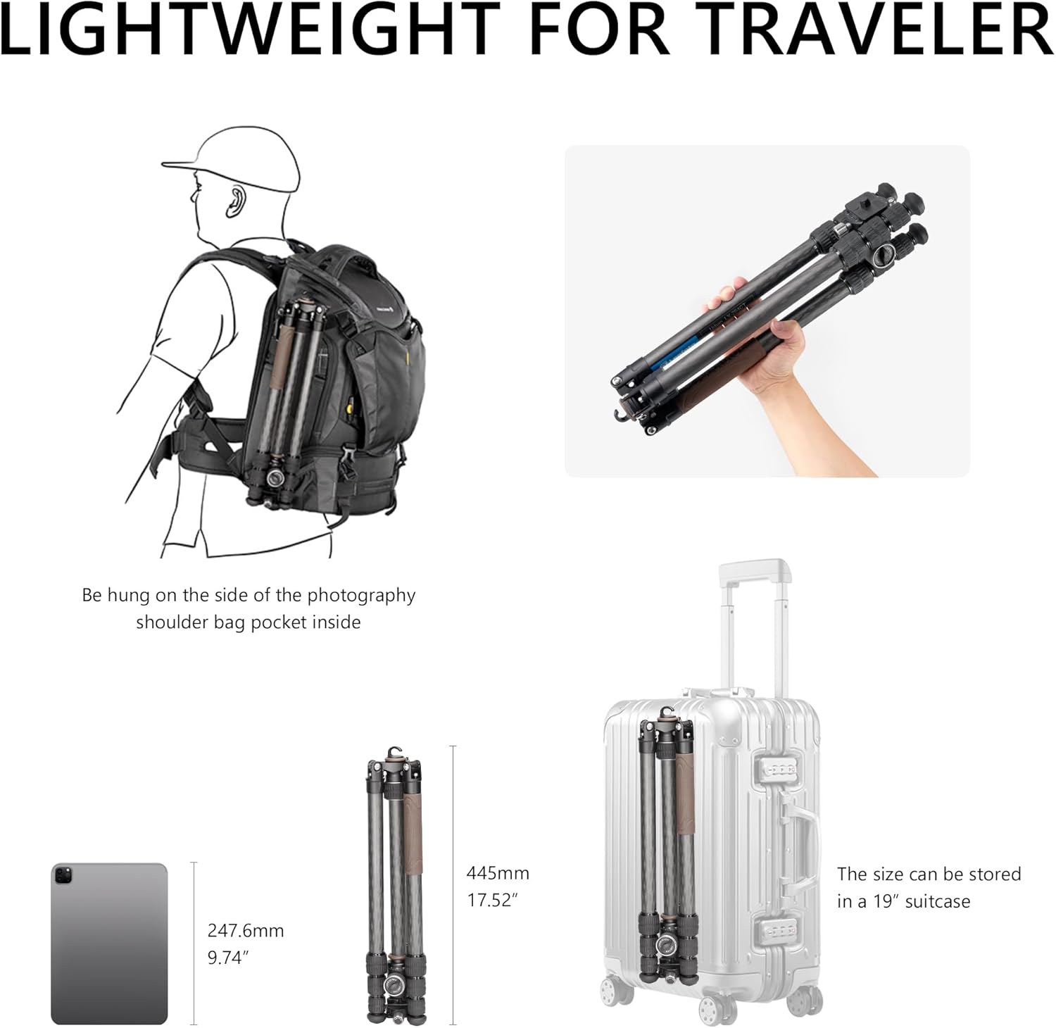 Compact Carbon Fiber Travel Camera Tripod with Ball Head, Reverse Folding Design, Maxload 8kg, Folded Height 450mm (LX-254CT+XB-32)