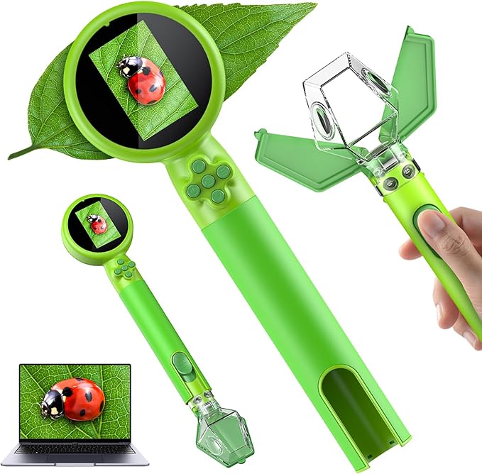2 in 1 Kids Microscope with Bug Catcher,HD 500X Digital Microscope for Kids with 2" Screen,Photo and Video,STEM Educational Science Kit Learning Toys for Age 3-12 Girls & Boys Birthday Gifts (Green)-BubblyBeeBaby