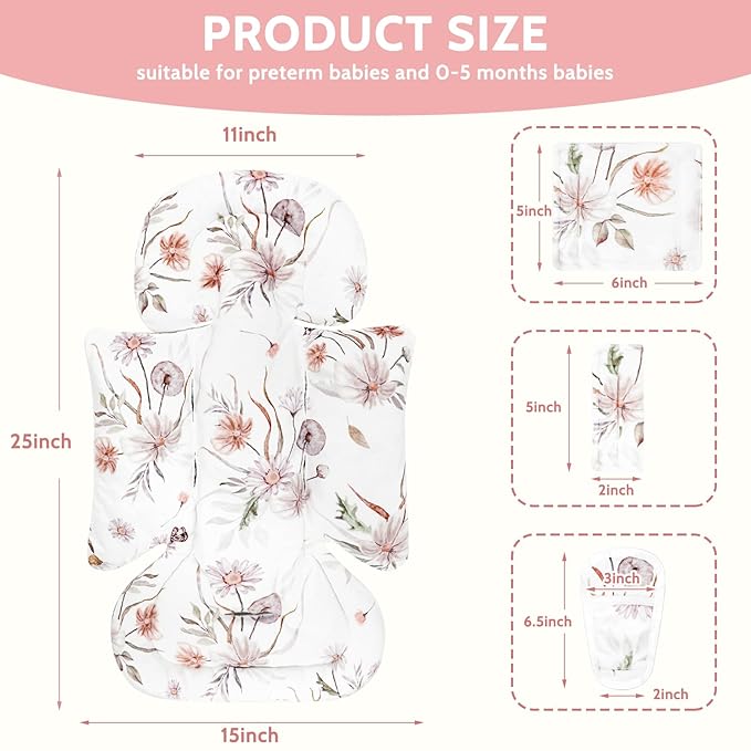 Infant Car Seat Insert and Strap Covers, Very Soft Car Seat Head Support Baby Girl Boy, Reversible Newborn Carseat Insert Cushion Fits for Stroller, Baby Swing, Bouncer (White Flower)-BubblyBeeBaby