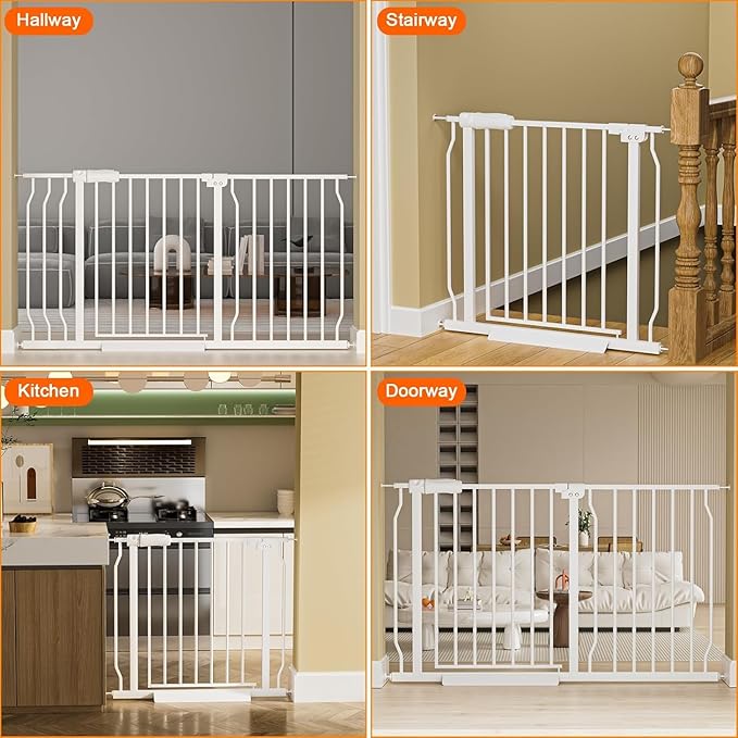 HOOEN Extra Wide Baby Gate for Doorways Stairs 76.38-86.3 Inch Large Long Pressure Mounted Dog Gates Indoor Walk Through Child Gates for Kids or Pets White Safety Gate (White, 76.38-86.3")-BubblyBeeBaby