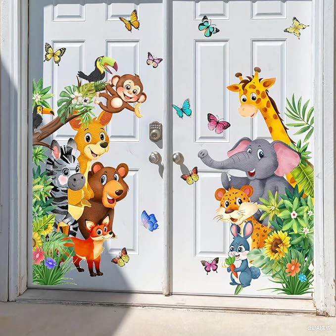 Jungle Animal Wall Decals, Cartoon Animal Sticker Safari Elephant Lion Monkey Wall Decals for Baby Room Playroom Bedroom Classroom Kindergarten Decor-BubblyBeeBaby