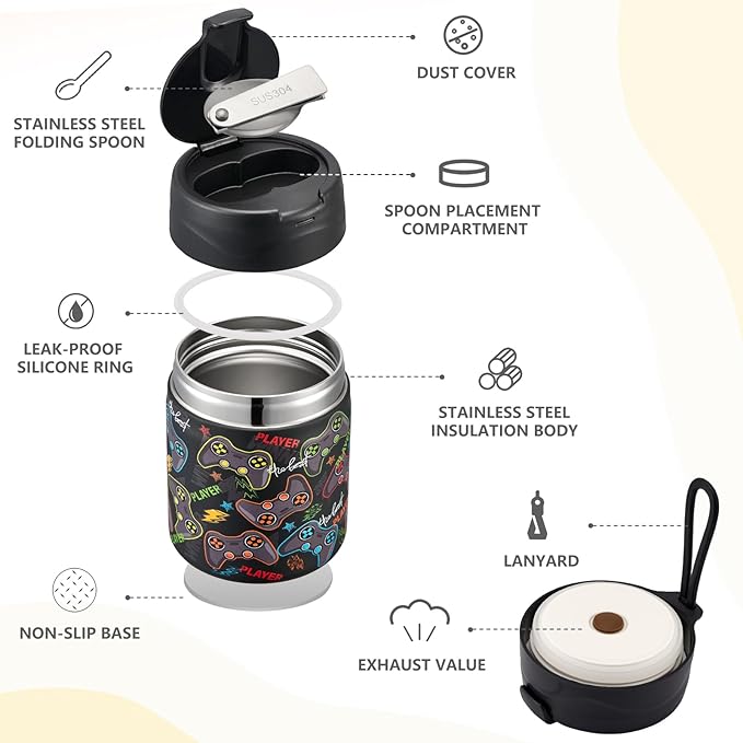 17oz Soup Thermo for Hot Food Kids Insulated Vacuum Food Jar with Stainless Steel Spoon Wide Mouth Thermo Leakproof Lunch Food Container Kids Hot Lunch Box (Black-Game)-BubblyBeeBaby