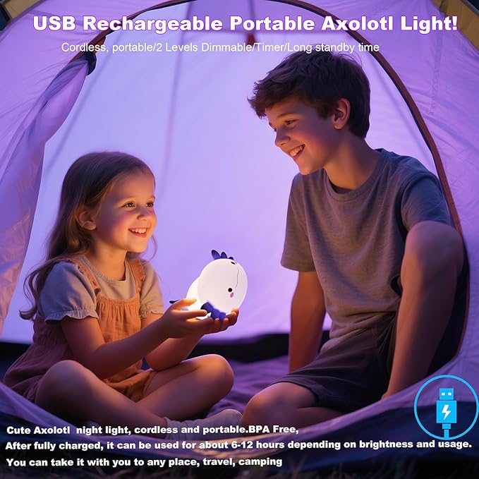 HAPPYBAG Axolotl Night Light,Cute Axolotl lamp Gifts for Kids,Dimmable Silicone Animal Nursery Night Light,Kawaii Rechargeable Bedside Touch Lamp,Baby Room Decor Axolotl Light-BubblyBeeBaby