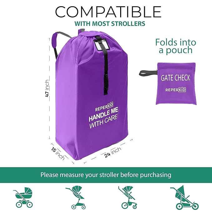reperkid Large Stroller Bag for Airplane Travel, Purple, 47" H x 24" W x 15" D, Fits Most Large, Single, Double, Jogging Strollers – Premium Waterproof Cover, Adjustable Shoulder Straps-BubblyBeeBaby