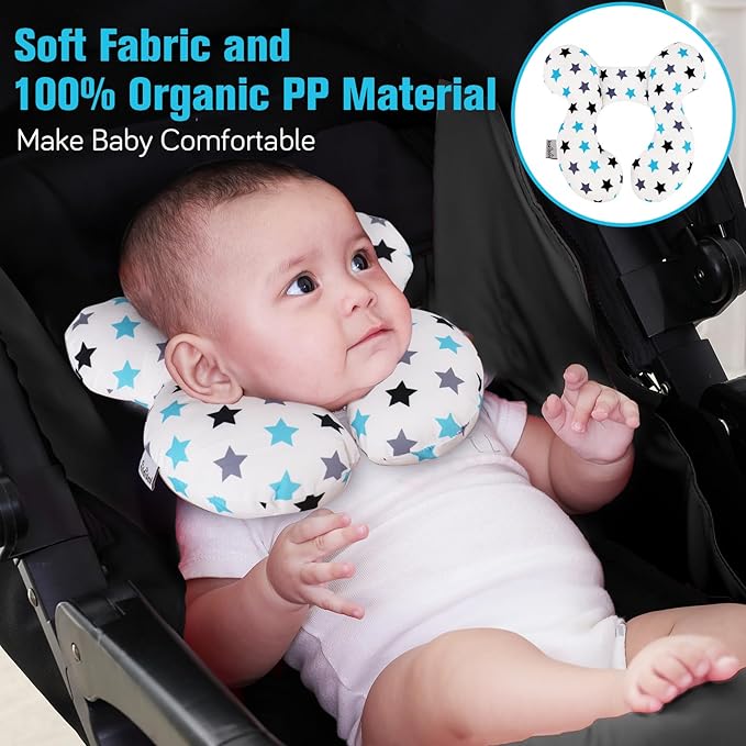 KAKIBLIN Baby Neck Pillow, Upgraded Baby Support Pillow, Head Pillows for Carseat, Newborn Neck Support for Car Seat,Pushchair,Travel (White Star)-BubblyBeeBaby
