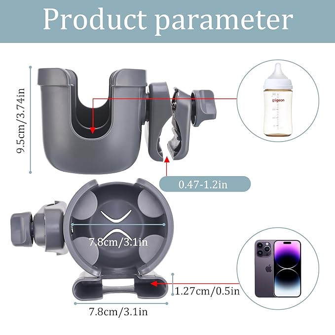 Suranew Adjustable Stroller Cup Holder with Phone Holder for Baby Stroller for Family Members, Gery-BubblyBeeBaby