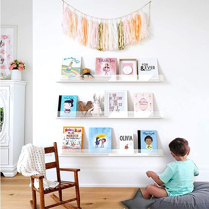 24 inches Wall Mounted Kids Bookshelf, Clear Acrylic Display Book Shelves for Kids Room Nursery Toddler Classroom 2 Packs-BubblyBeeBaby