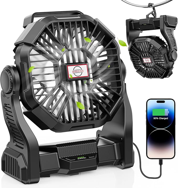20000mAh Portable Battery Powered Camping Fan - with LED Light, Quiet Battery Operated, Camping Gear for Travel, Tent, Beach, Car or Hurricane Power Outages, Black-BubblyBeeBaby