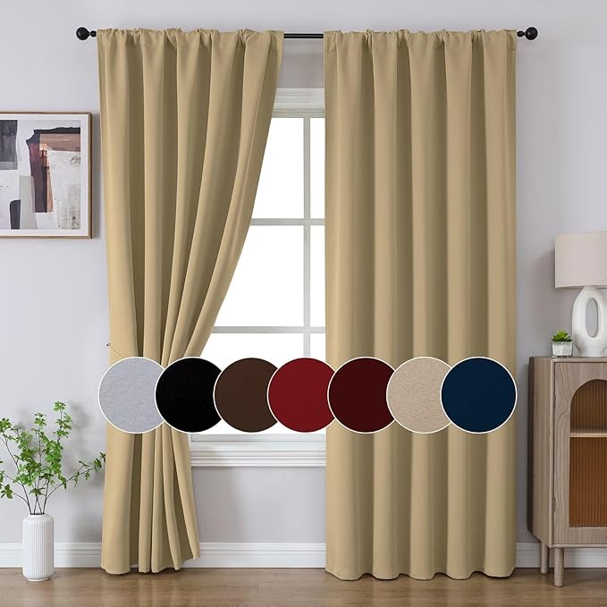 Joydeco 72 Inch Blackout Curtains for Bedroom, Thermal Insulated Black Out Curtains, Room Darkening Drapes for Living Room Window Rod Pocket Back Tab (W52 x L72 Inch, Beige)-BubblyBeeBaby
