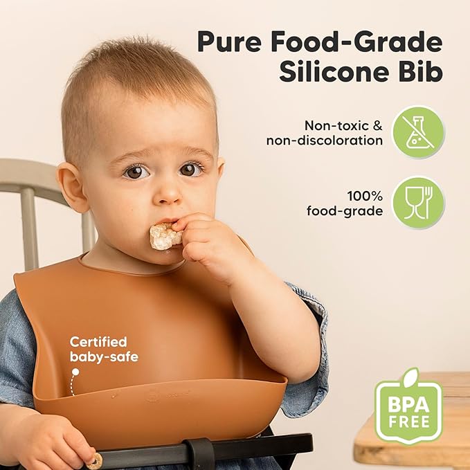 KeaBabies 2-Pack Silicone Baby Bibs for Eating - Sturdy Food-Grade Silicone Bibs for Babies Girl, Boy, Large Food Catcher, Clean & Put On Easily, Waterproof Toddler Feeding Essentials (Terracotta)-BubblyBeeBaby