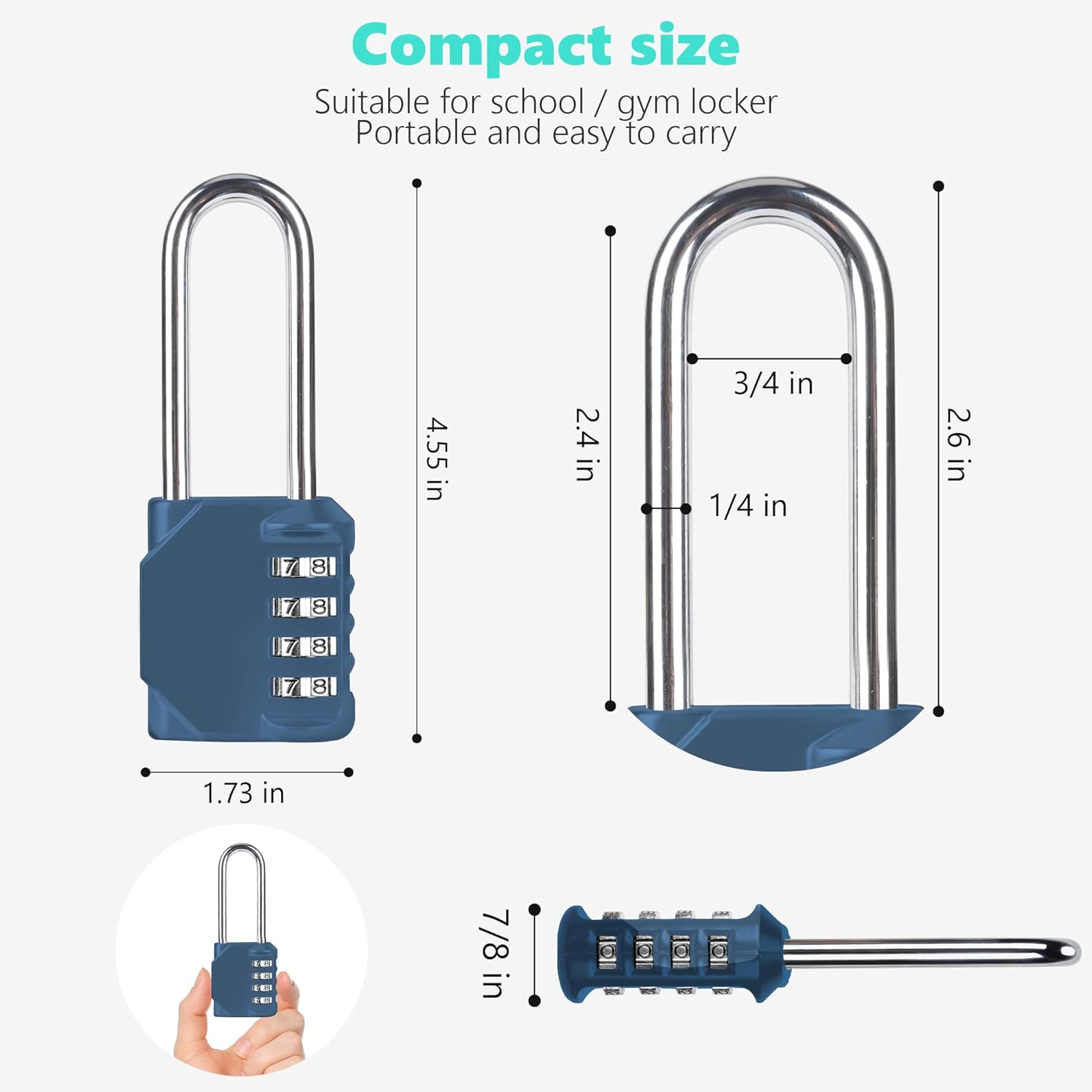 CL21BG 2.6 Inch Long Shackle Combination Lock, 4 Digit Combination Padlock Set Your own Combination for Gym Locker Lock, School, Gates, Doors, Toolbox, Hasps and Storage (Blue-Gray (L) *1)