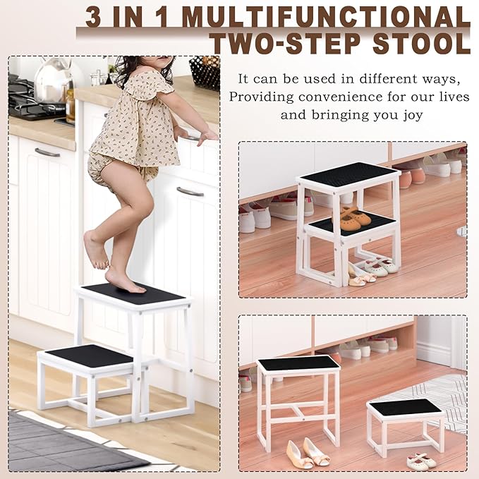 2 Step Stools for Adults Kids, Anti-Slip Sturdy Wooden Foot Stools with 500 Lbs Capacity for High Beds,Closet, Bathroom,Kitchen, Potty Training-BubblyBeeBaby