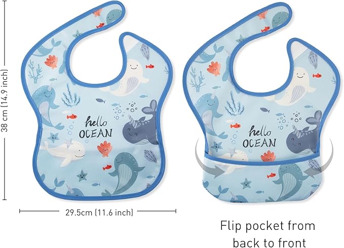 Mess Proof Baby Bib 3 Pack, Waterproof Led Weaning Baby Feeding Bibs with Food Catcher, Travel Feeding Bibs-BubblyBeeBaby