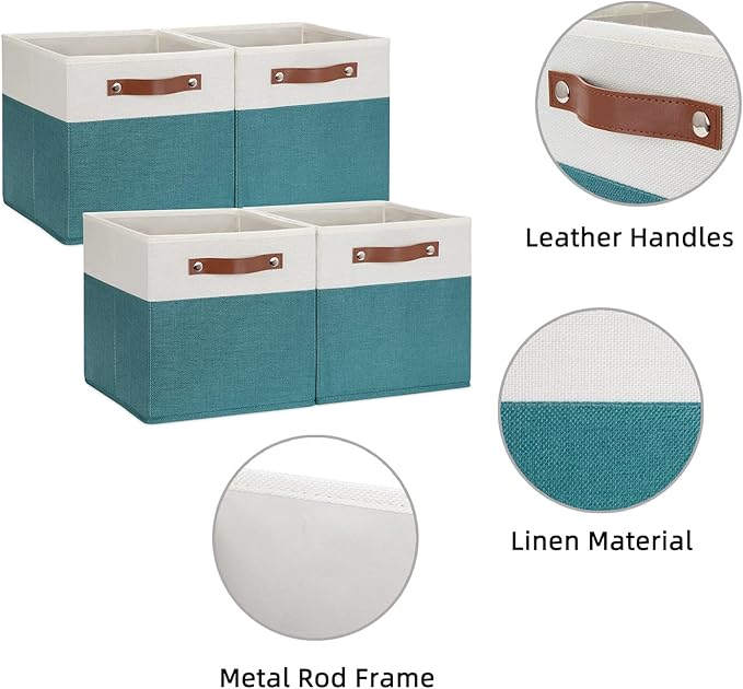 HNZIGE Fabric Storage Cube Bins Baskets for Organizing, 11 inch Cube Storage Bins, Set of 4, Collapsible Storage Bin with Handles, Closet Organizers and Storage Home Toy Nursery Bedroom(White Teal)-BubblyBeeBaby