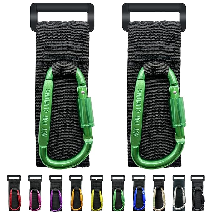 Baby Stroller Hook, Carry 30 lbs per Stroller Carabiner Clip, Adjustable Baby Stroller & Car Seat Hook for Hanging Diaper Bag, Wheelchair,Golf cart, Shopping and Pet Cart(2 Pcs Green)-BubblyBeeBaby