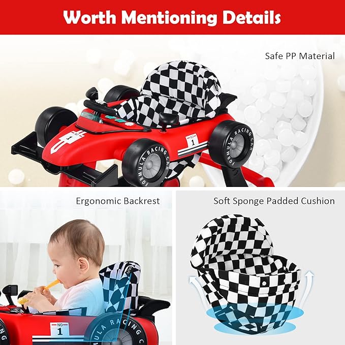 HONEY JOY 4-in-1 Baby Walker, Activity Push Walker w/3 Adjustable Heights, Smooth Wheels w/Adjustable Speed, Padded Seat, Music & Light, Foldable Car Walker for Baby Boys Girls Age 6 Months+ (Red)-BubblyBeeBaby