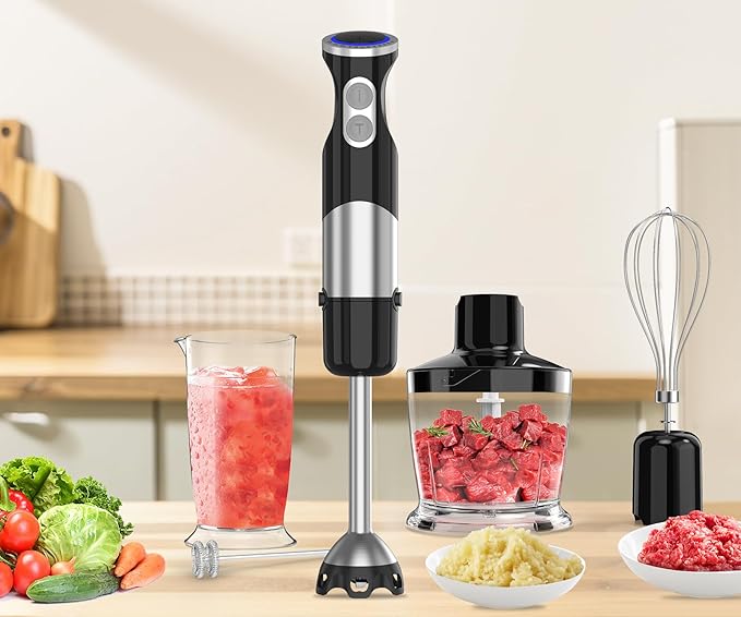 Immersion Blender Handheld 5 in 1-1100W Scratch Resistant Blender Stick, 12 Speed and Turbo Boost Hand Blender with Chopper Beaker Whisk and Milk Frother for Milkshake Puree Smoothie Food-BubblyBeeBaby