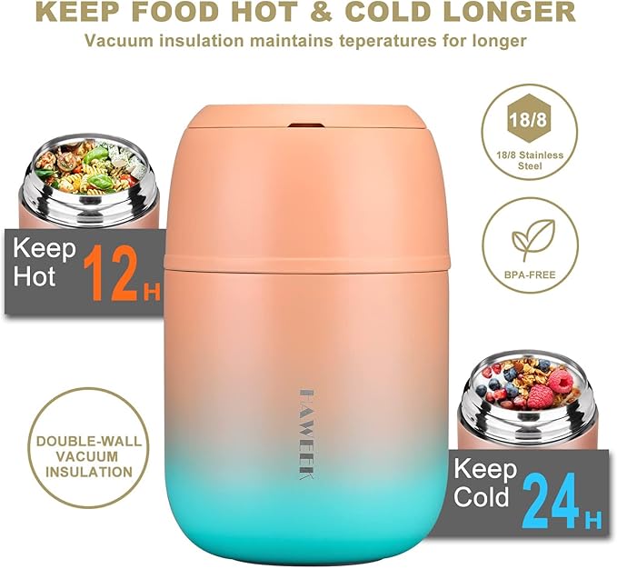Insulated Food Container 17 oz Soup Thermo for Hot Food Adults, Stainless Steel Vacuum Lunch Box with Folding Spoon, Adult Kids Thermo Portable with Handle for School, Office, Outdoor-BubblyBeeBaby