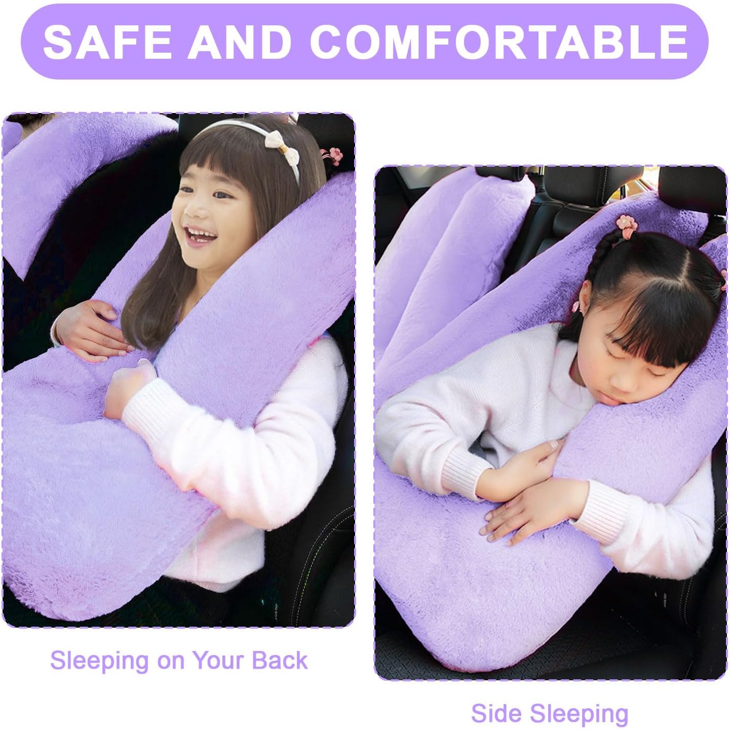 Travel Pillow, Travel Pillow for Kids, Sleeper Hold Pillow Travel, Removable U-Shaped Pillow for Adults and Children to Support Head and Body in The Back Seat of Long Car Trips (Lightpurple)